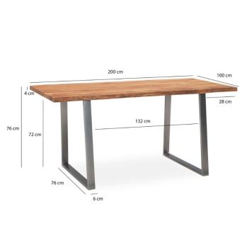 bureau tafel acaciahout 200 cm trapeze poten zilver