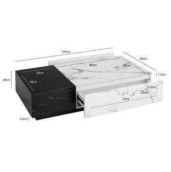 salontafel wit en zwart marmerlook met laden 120 cm