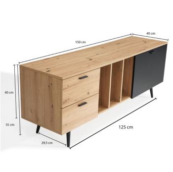 TV lowboard met eiken decor laden en zwarte klep 150cm